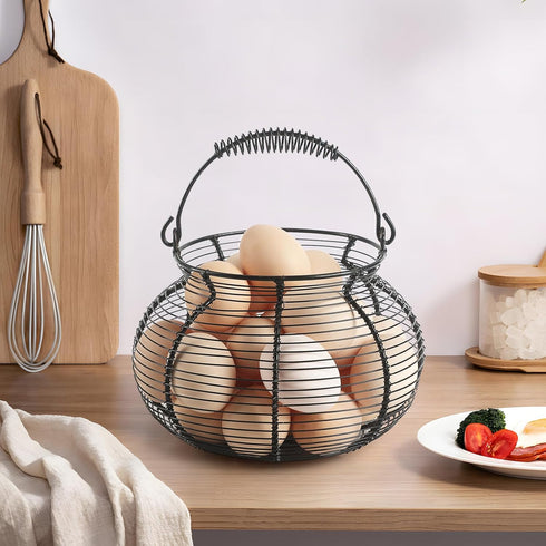 Egg basket-Farmhouse Round Wire Egg Baskets for Fresh Egg With Handle,Metal Egg Collecting Basket for Gathering Fresh Egg,Basket for Countertop Ho...