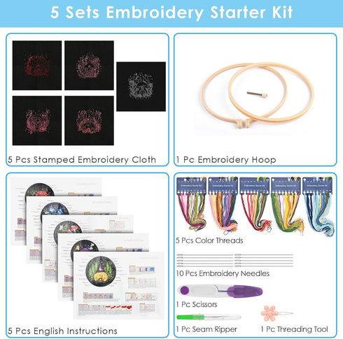ERKOON 5 Sets Embroidery Kit for Beginners, Art Craft Handy Sewing Set Mushroom Cross Stitch Starter Kits, DIY Embroidery Kits with Patterns and I...