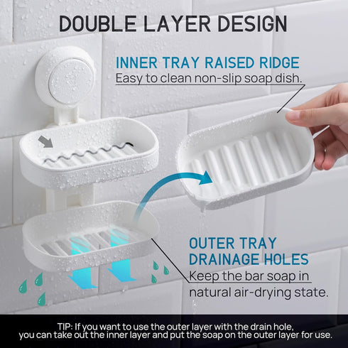 LEVERLOC Soap Dish Holder for Shower Double Layer Suction Cup Wall Mounted NO-Drilling Self Draining Removable Waterproof Strong Suction Bar Soap ...