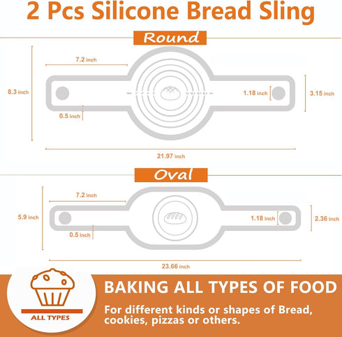 2Pcs Silicone Bread Sling Oval And Round For Dutch Oven, Non-Stick & Easy Clean Reusable Silicone Baking Mat With Long Handles Sourdough Bread Bak...