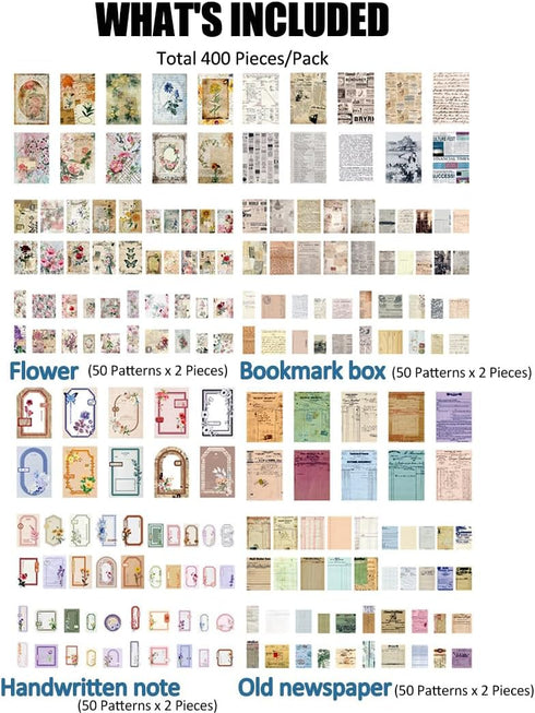 400 Sheets Scrapbook Paper Handmade Scrapbook Paper Cuttable Scrapbook Supplies Aesthetic Retro Elements for Bullet Journals Junk Planners Aesthet...