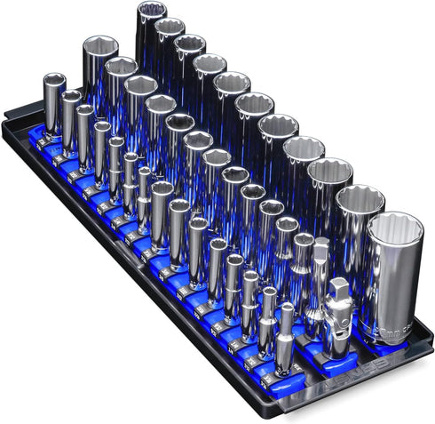 Ernst Manufacturing 8491 Socket Boss Multi-Drive Socket Organizer Tray with 13” Socket Rails, Blue – Drive Socket Storage Tray for Automotive Serv...