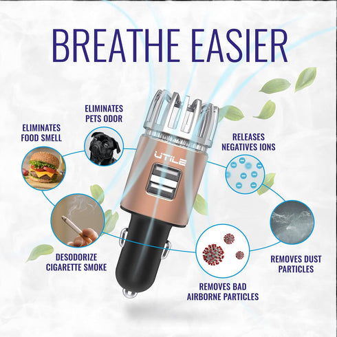 UTILE Car Ionizer Odor Eliminator Purifier with Dual USB Charger – Ionic Air Freshener| 2.1A/0.8W USB Charging for Phone, Tablet and Other Devices...