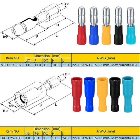100 Pcs Bullet Connectors Kit, Insulated Bullet Connectors Terminals Female and Male, Electrical Marine Bullet Crimp Automotive Wire Connectors Te...