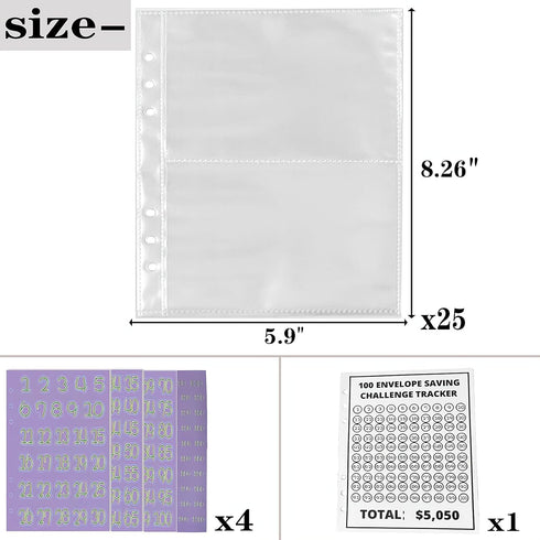 100 Envelopes Money Saving Challenge,Money Saving Binder,25 Sheets Replaceable Cash Envelopes Compatible with A5 Money Saving Challenge Book?A5 Bi...