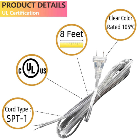 Clear Lamp Cord,8 Feet Length Silver Replacement Lamp Cords for Lamp Repair Fix DIY Project, Rewire Electrical Cable Cord with Plug, Tinned End Le...