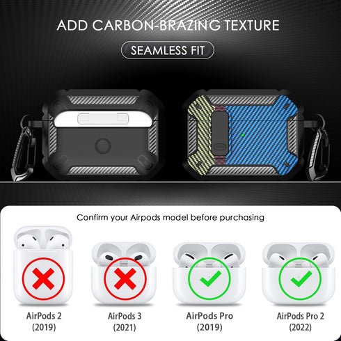 AirPods Pro Case Cover with Cleaner Kit, Military Hard Shell Protective Armor with Lock for AirPod Pro Charging Case, Front LED Visible, Carbon Fi...