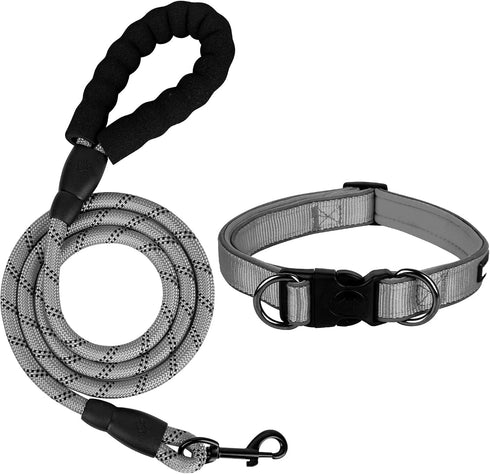 Dog Collar and Leash Set, Reflective Dog Collar Heavy Duty Dog Leash, Adjustable Soft Neoprene Padded Nylon Pet Collars, Comfortable Padded Handle...