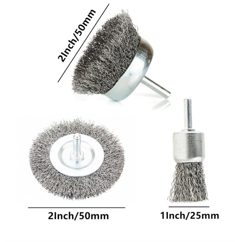 3pcs Carbon Steel Wire Brush Set for Drill - 2'' Abrasive Wire Cup Brush, Wheel Brush, 1'' Pen Brush with 1/4 Inch Round Shank - Crimped Steel Bru...