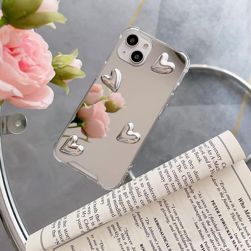 Compatible with iPhone 15 Pro Max case,Mirror Senior Silver Cute Heart Soft Silicone Clear Makeup Mirror Women Girls Shockproof Protect Cover Case...