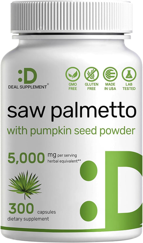 Saw Palmetto Supplement 5000mg with Pumpkin Seed, 300 Capsules | Promotes Prostate Health | DHT Blocker | Hair Growth Vitamins, Maintain Normal Ur...