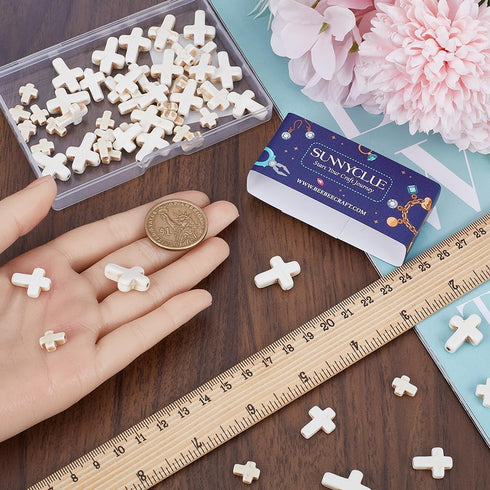 SUNNYCLUE 1 Box 90Pcs White Cross Beads Mini Small Synthetic Turquoise Stone Cross Bead Tiny Pocket Crosses Easter Holiday Crucifix Loose Spacer B...
