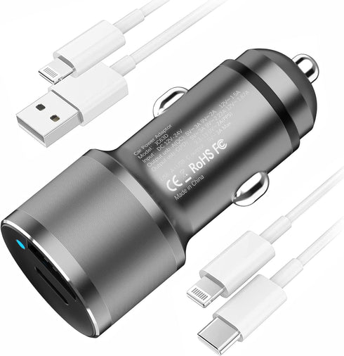 MOCA for iPhone 38W Fast Car Charger, Dual Port USB C Power Delivery All Metal Lighter PD/QC3.0 Car Charger with 2Pack PD Lightning Cord Quick Cha...