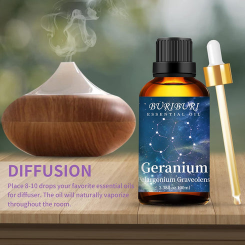 BURIBURI 100ML Geranium Essential Oil, 100% Pure Undiluted Aromatherapy Geranium Oil 3.38fl.oz for Soap, Candle Making, Massage, Diffuser, Humidif...