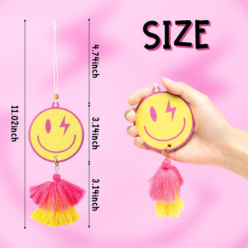 A1diee 2Pcs Preppy Tassel Car Air Freshener Yellow Pink Smile Car Hanging Slices with Tassel Boho Y2K Car Rearview Mirror Charm Scented Pendant Es...