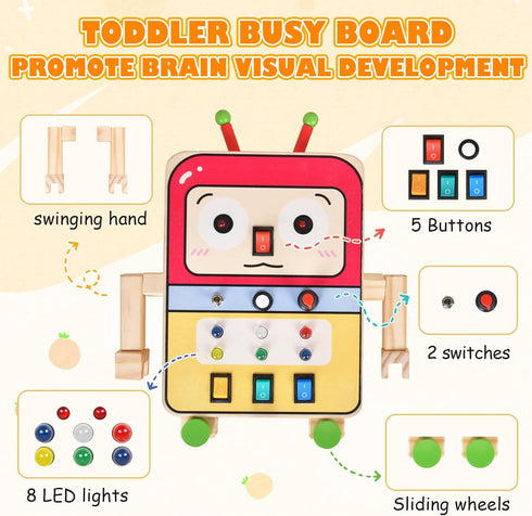 Montessori Toddler Busy Board, Baby Wooden Robot Busy Board with 8 LED Light Switches, Sensory Toys Activity Board for Fine Motor Skills, Travel T...