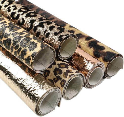 Leopard Printed Faux Leather Sheet Metallic Burst Crack Synthetic Leather Fabric Assorted 6 PCS 7.7" x 12.9" (20 cm x 33 cm) for Hair Accessories ...