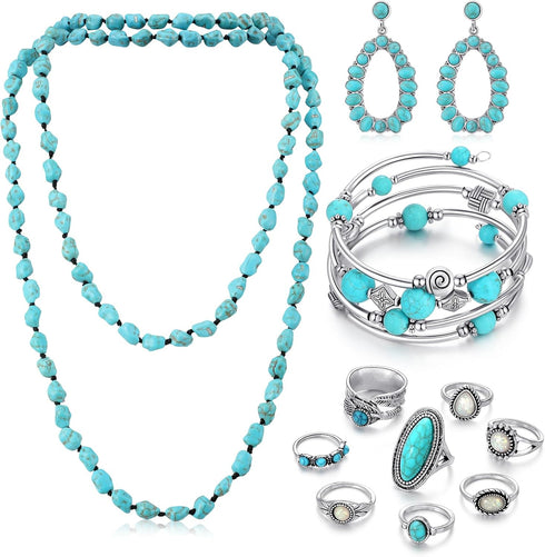 Janmercy 11 Pcs Bohemian Turquoise Jewelry Set Western Jewelry for Women Turquoise Necklace Turquoise Bracelet Earrings and Rings...