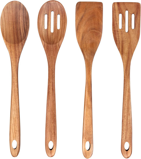 4-Piece 14" Large Wooden Utensils Set for Cooking Spatula Long Handled Slotted Spoon Non-Stick Utensil Slotted Turner Mixing Spoons with Hole Best...