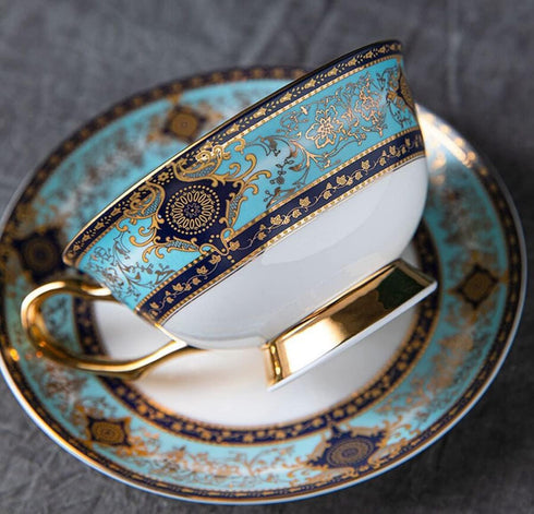 YBK Tech Euro Style Bone China Cup& Saucer Set, Ceramic Tea Coffee Cup for Home Kitchen Wedding (Royal Pattern- Sky Blue)...