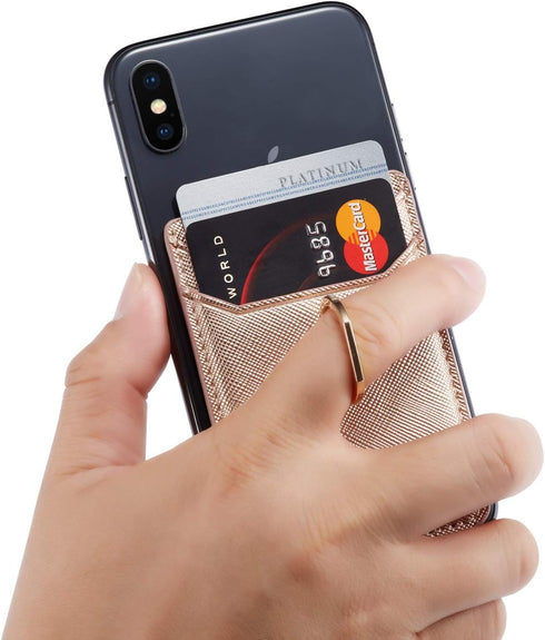 BIAJIYA Cell Phone Card Holder RFID Ring Stand Stick on Wallet Pu Leather Card Holder for Back of Phone for iPhone Android and All Smartphones (Ro...