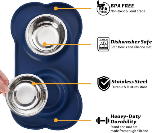 Hubulk Pet Dog Bowls 2 Stainless Steel Dog Bowl with No Spill Non-Skid Silicone Mat + Pet Food Scoop Water and Food Feeder Bowls for Feeding Small...