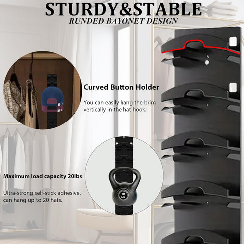 G GENLEAS 2 Pack 10 Hat Organizer for Baseball Caps, Hat Rack for Wall with Strong Adhesive, Cap Organizer for Door, Bedroom, Closet (Black)...