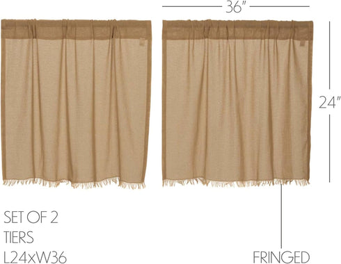 VHC Brands Primitive Farmhouse Kitchen Window Curtains-Tobacco Cloth Fringed Tier Pair, Set 24x36, Khaki Tan...
