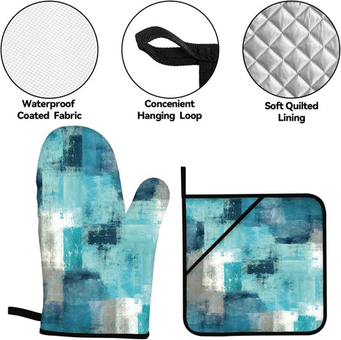 Turquoise Grey Oven Mitts and Pot Holders Sets of 4 Modern Teal Abstract Art Oven Gloves for Kitchen Baking Cooking Grilling (Turquoise)...