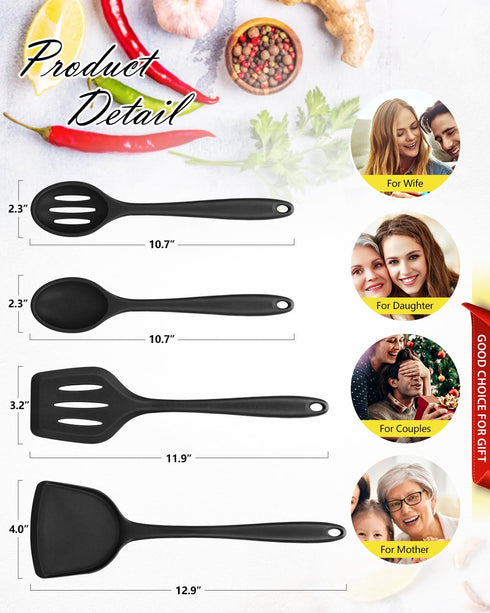 4 Pcs Silicone Kitchen Utensils Set, Wok Spatulas-Slotted Turner-Cooking Spoon-Slotted Spoon, Nonstick BPA Free High Heat Resistant Cooking Utensi...