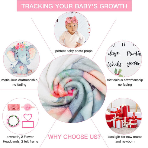SPOKKI 6 PCS Baby Monthly Milestone Blanket Girl, 60''x40''Fleece Monthly Blanket Newborn with Headband for Photography Background Prop and Mom Nu...
