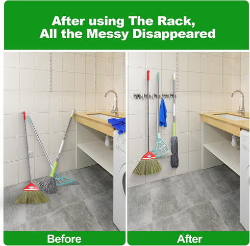 voze 5 Racks and 4 Hooks Mop and Broom Holder Wall Mount, Self Adhesive Heavy Duty Broom Organizer Storage Tool Racks for Kitchen Garden Laundry G...