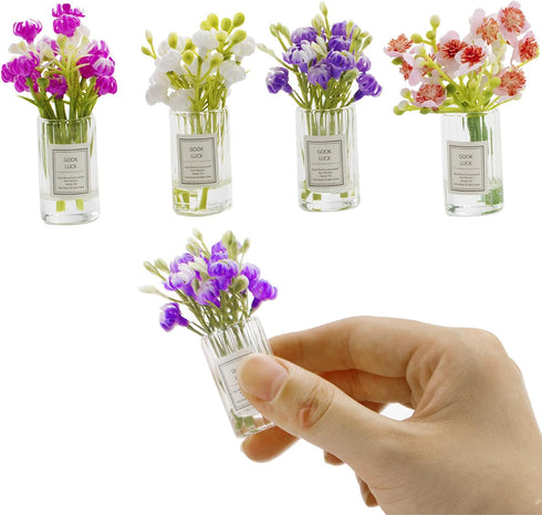 Miniature Flowers with Vase Dollhouse Glass Vase 1:6 Scale Mini Flower in Vase,Flower in Tall Glass Vase(Set of 4)...