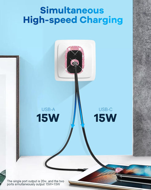 Bling USB C Wall Charger, 20W PD + QC Dual Port Fast Charging Adapter with 3.2FT Type-C Charging Cable Compatible for iPhone 15 Pro Max iPad Andro...