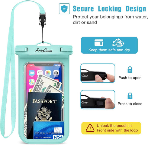 ProCase 2 Pack Waterproof Phone Pouch Case, 7" Universal Underwater Cellphone Dry Bag Holder for iPhone 15 14 13 Pro Max 12 11, Galaxy S24 S23 S22...