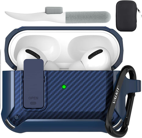 Valkit Compatible Airpods Pro Case with Lock Clip, Carbon Fiber Texture Air Pod Pro Case Cover with Keychain for Men Women Cool AirPod Pro Shockpr...