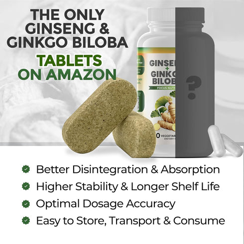 Ginko Biloba & Panax Ginseng Supplement - Red Ginseng Brain Supplement for Memory and Focus - Ginkgo Biloba Supplements for Good Vision, Immune Sy...