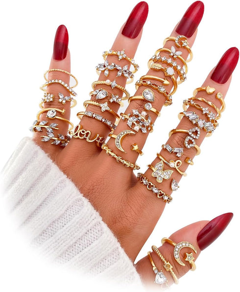 Gold Knuckle Stacking Rings Set for Women, Boho Dainty Sparkle Crystal Rhinestone Moon Star Rings Sets, Vintage Joint Rings Pack Jewelry Gift for ...