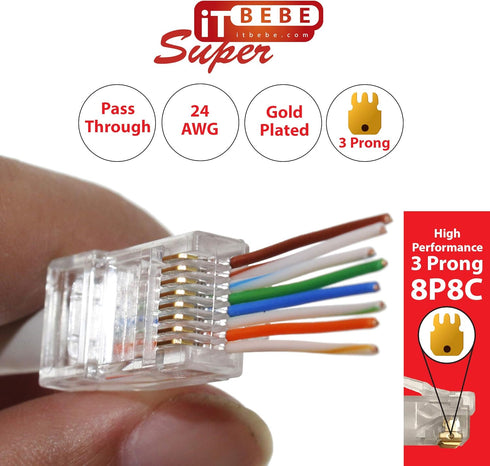 ITBEBE 100-Pack RJ45 Cat6 Pass Through Connectors – High Performance Cat6 Connector (RJ45 Connectors/Ethernet Connector / Cat6 Connectors / 8P8C /...