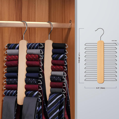 Tie Hanger, Rust Resistant Wooden Necktie Organizer with 20 Swivel Hooks, 360 Degree Rotation, Space Saving, Ideal for Closet Storage...