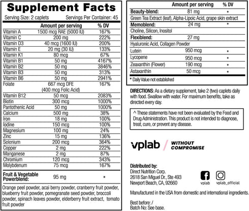 VPLab Ultra Women's Multivitamin Formula - Supplement for Hair, Skin & Nails with Biotin, Iron, Vitamin B, D, C & Zinc, Folate - Essential Daily V...