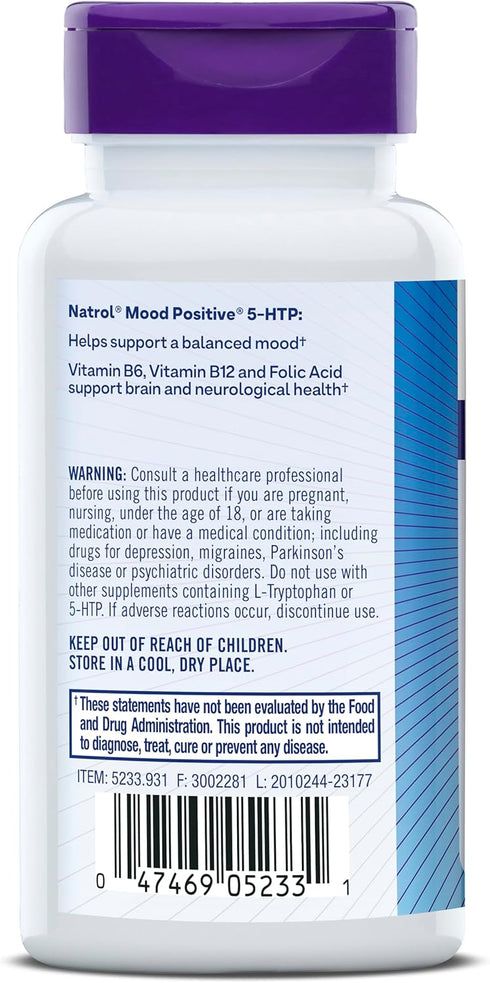 Natrol Mood Positive 5-HTP 50mg With L-Theanine, Vitamin B6, Vitamin B12 and Folate, Dietary Supplement Helps Support a Positive Mood, 50 Tablets,...