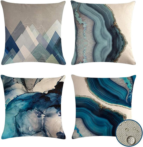 Waterproof Outdoor Pillow Covers 18 X 18 Inch Set of 4, Decorative Blue Grey Throw Pillow Cases, Water Resistant Marble Abstract Square Cushion Co...