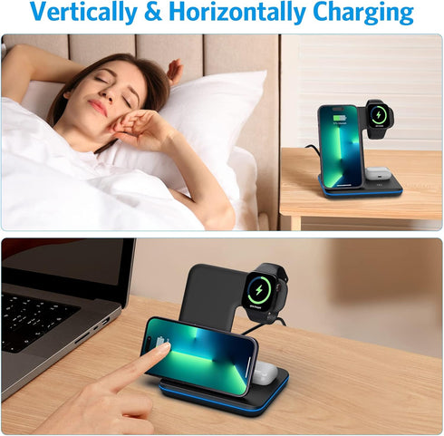 Wireless Charger, Criacr 3 in 1 Wireless Charging Station for Apple iPhone 15/14/13/12/11/Pro/Max/XS/XR/X/8/Plus, iWatch, AirPods 3/2/Pro,Travel C...