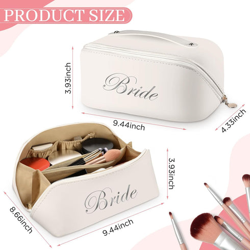 Bride Silver Letter Makeup Bag for Women Bridesmaid Engagement Gift for Her Large Capacity Portable PU Waterproof Toiletry Bag Flat Open Cosmetic ...