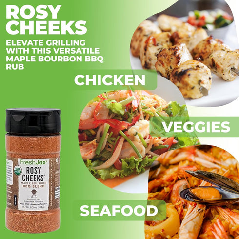 FreshJax Rosy Cheeks Organic Maple Bourbon BBQ Rub – 5.2 oz Large Bottle BBQ Seasoning for Brisket, Ribs, Pork & Chicken – Sweet & Smoky Rub for G...