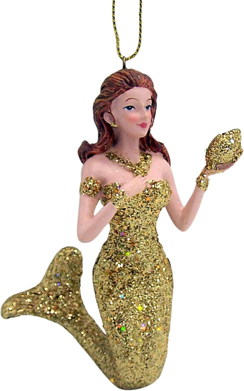 Mermaid Christmas Ornament, Glittery Holiday Decoration, Nautical Theme, 4.5 Inches (Gold Tone Mermaid)...