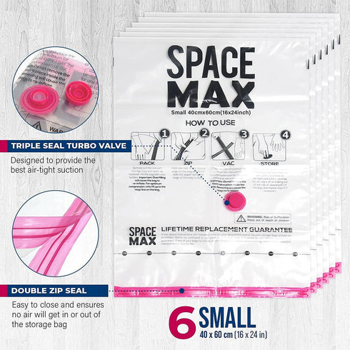 Small 6 Pack | SPACE MAX Premium Space Saver Vacuum Storage Bags - Save 80% More Storage Space - Reusable, Double Zip Seal & Leak Valve, Includes ...