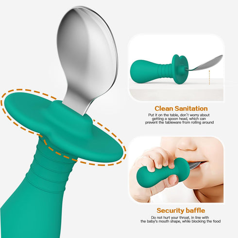 4 Pcs Baby Spoons Toddler Spoons for Self Feeding, Kids Spoons with Silicone Round Handle, Stainless Steel Toddler Utensils Children Safe Silverwa...