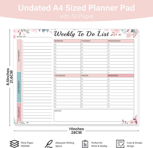 Weekly To Do List Notepad with 52 Undated Tear Off Sheets?8.5"×11") Weekly Desk Planner Pad with Spiral Binding for Women & Man, Work, School and ...